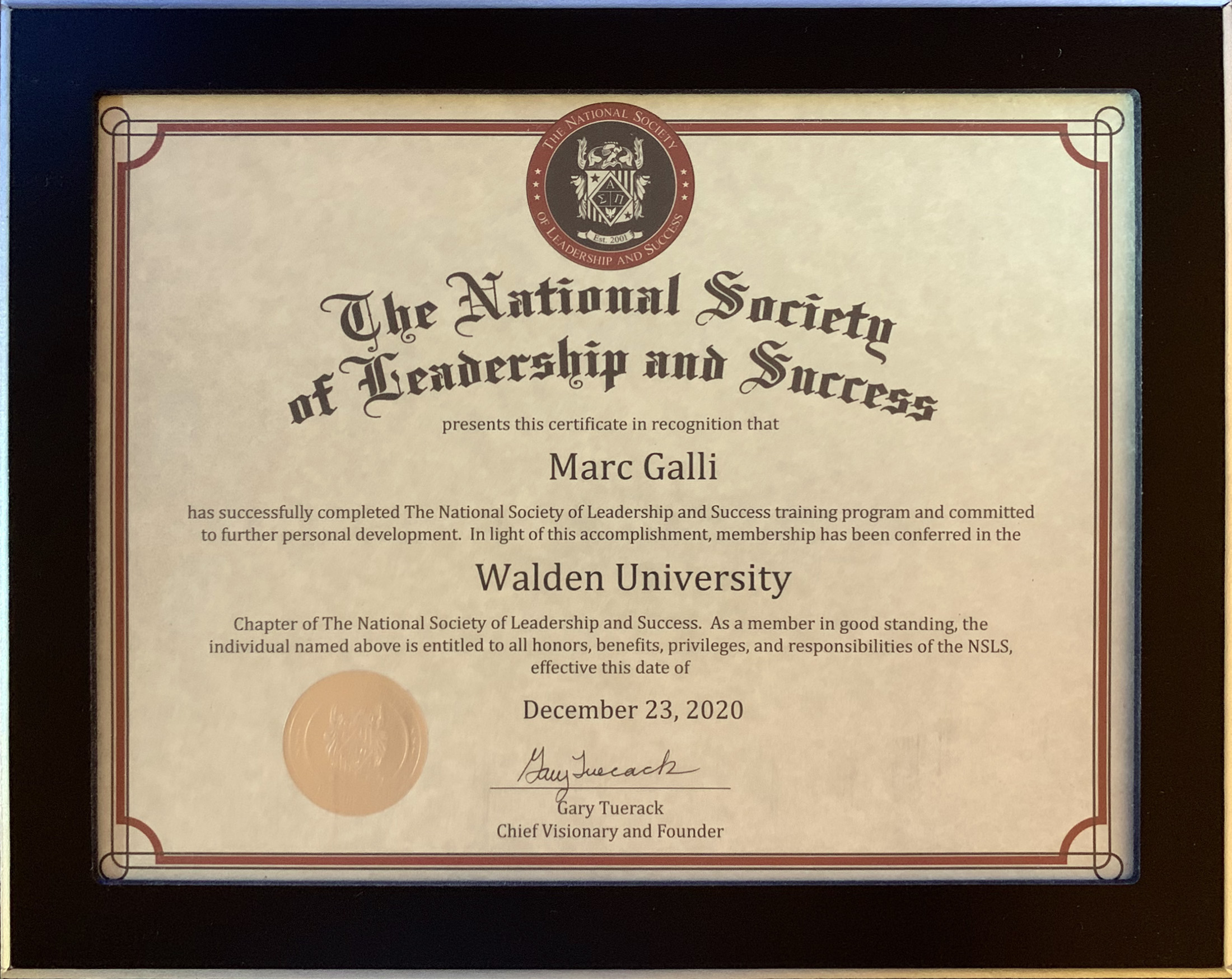 Marc Galli, Certificated by National Society of Leadership and Success